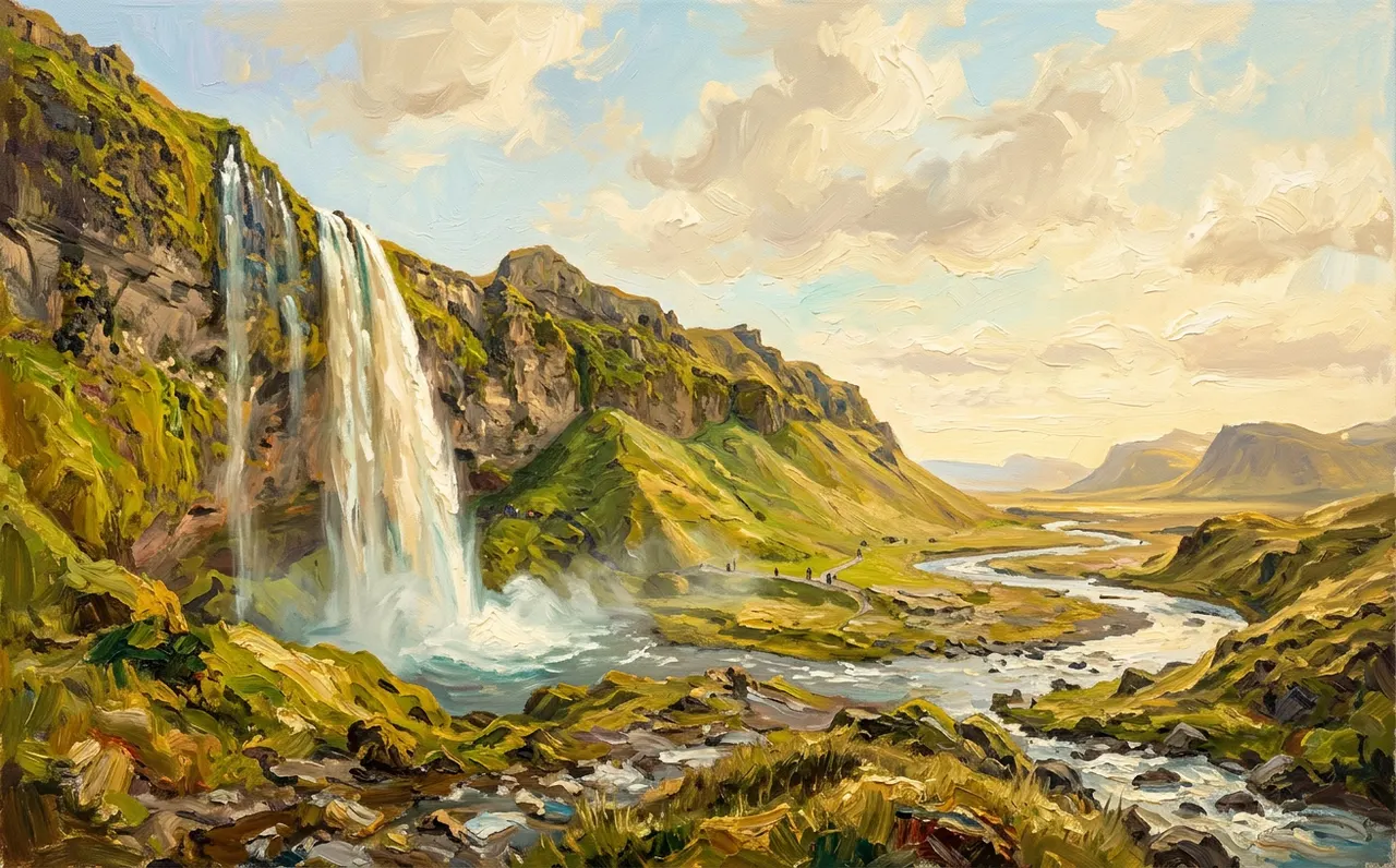Skógafoss waterfall between green cliffs in Iceland
